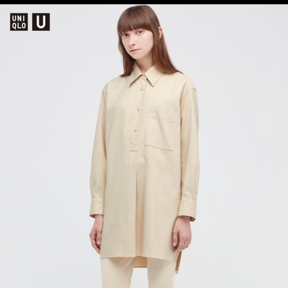 Uniqlo Cream Long Button-Up Tunic Shirt